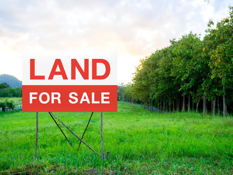 Land for sale sign on empty land.